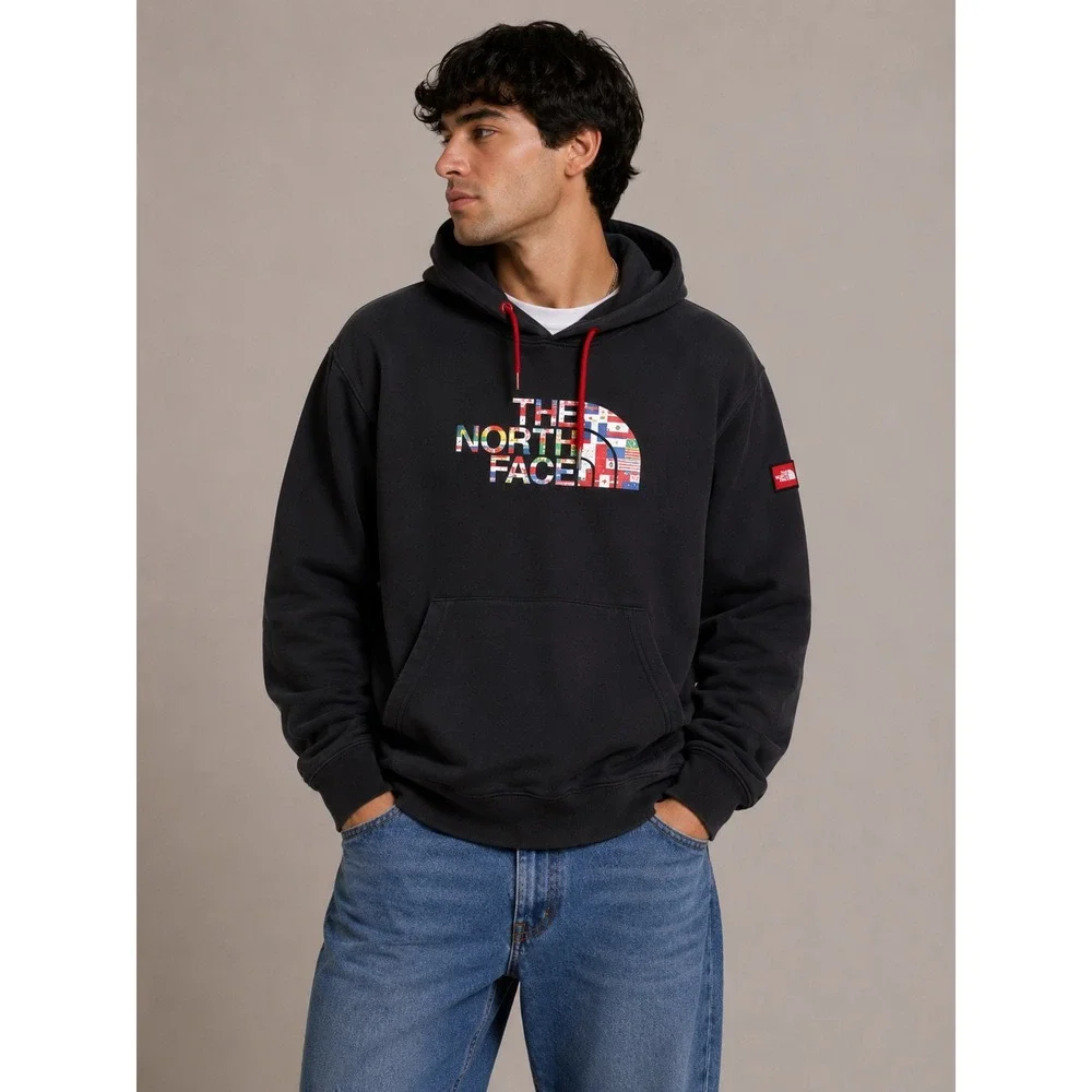 The North Face Hoodie International Flag Logo Red Drawstring Pullover Mens L |Q1